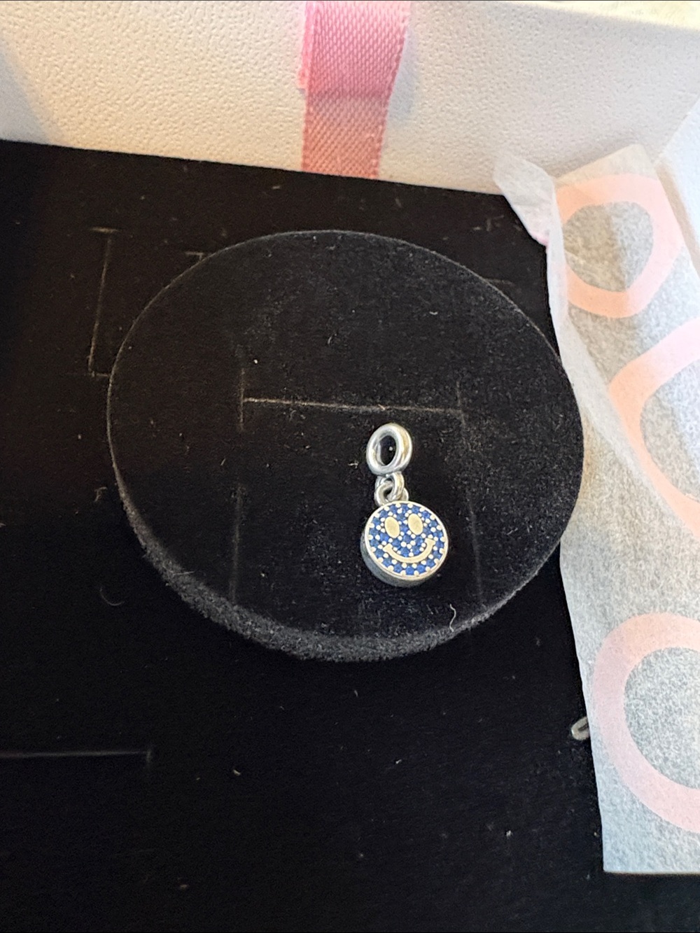 Pandora Silver Smiley Face Charm with Blue Crystals